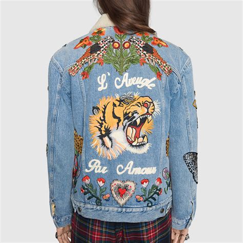 embroidered leather jacket by gucci|gucci denim animal applique jacket.